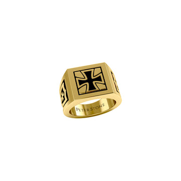 The Cross Solid Yellow Gold Signet Men Ring with Enamel GRI1976